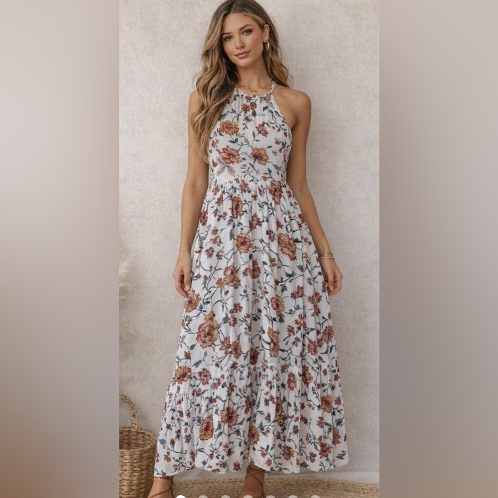 Old Navy White Floral Halter Maxi Dress with Rust Blooms XS